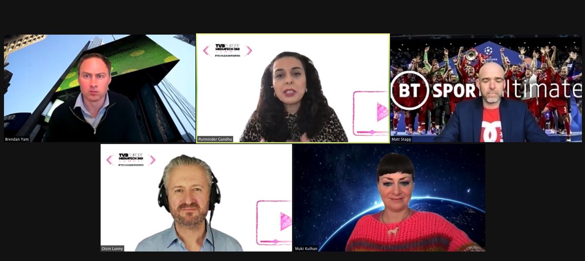 AV_TV_JamesMcK's tweet photo. Fascinating 5G discussion underway. As much as it pains me to say it as an @Everton fan, @btsport's Matt Stagg may be winning the virtual background game... #techleaderseries @TVBEurope https://t.co/wlonvW1xyE