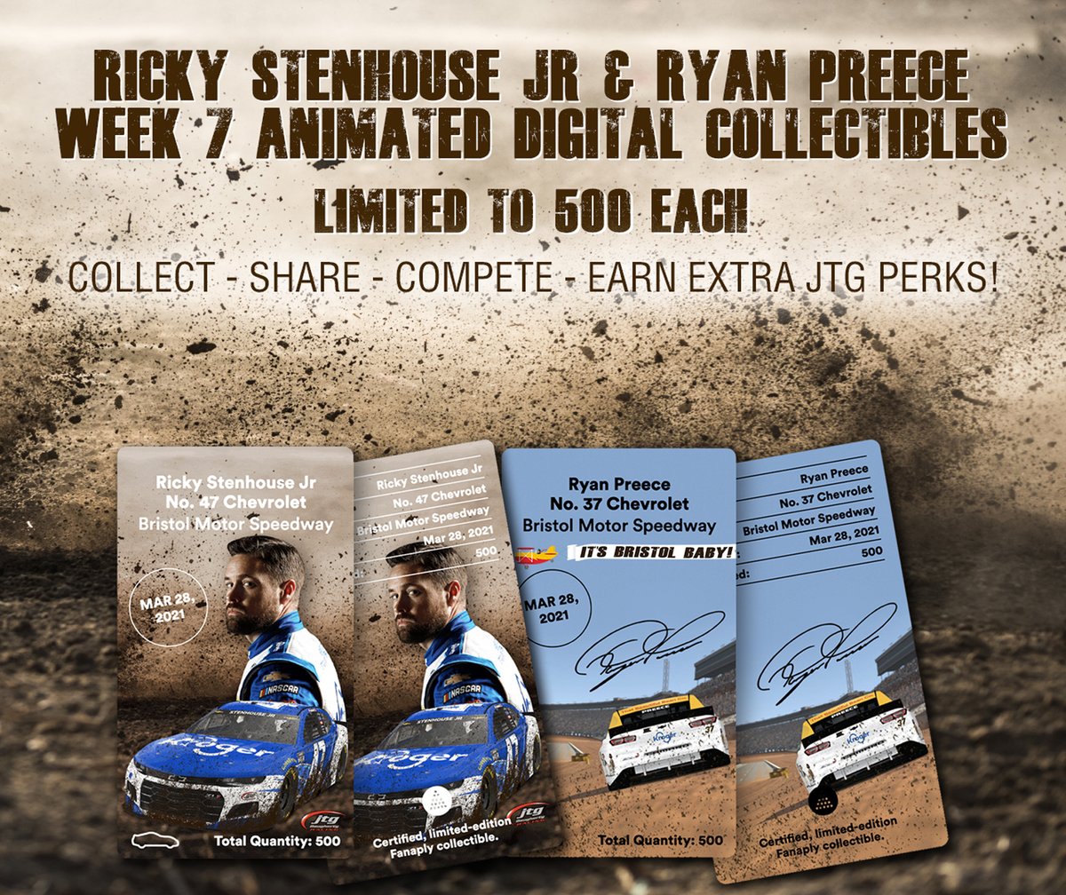 HYAKMotorsports's tweet photo. Guess what? #ItsBristolBaby!

Since we are racing on dirt this weekend, we decided that our limited-edition animated digital collectibles had to get dirty too. Claim yours now!

Stenhouse: https://t.co/5HPrhk9oaG

Preece: https://t.co/dUDaCZ9494

#NASCAR https://t.co/AqbnVZu9gE