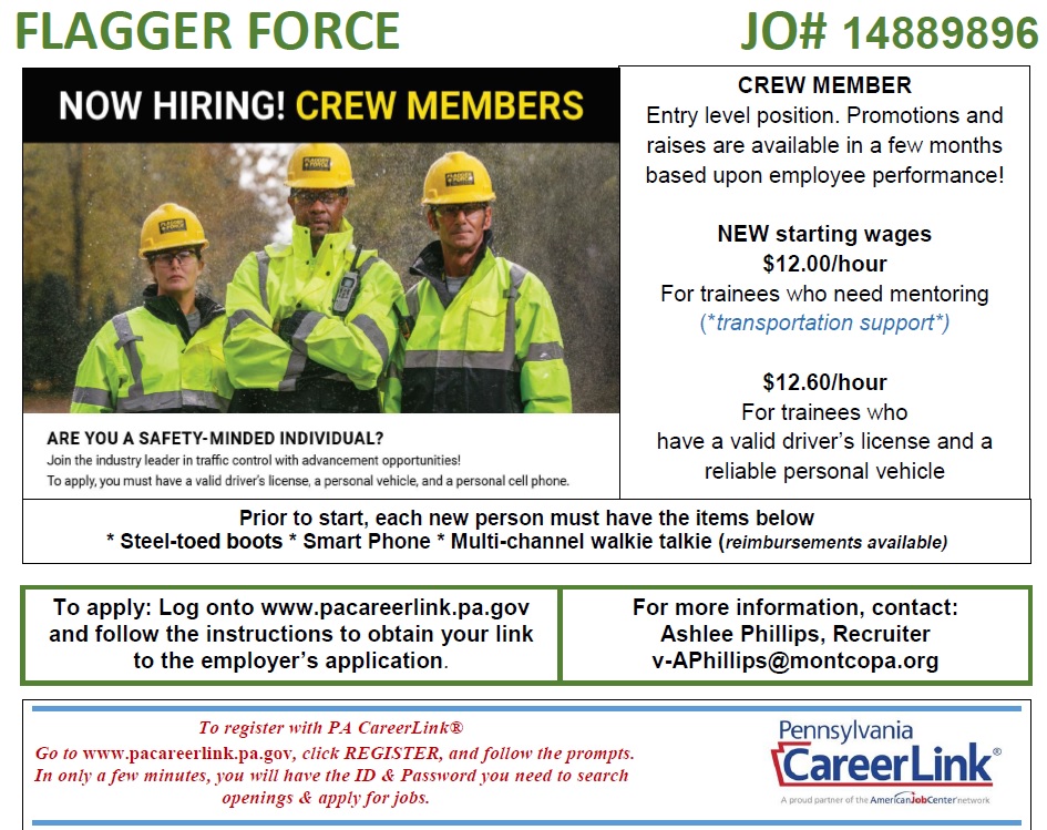 Are you a safety-minded individual? Apply to join @FlaggerForce as a Crew Member and be eligible for promotions and raises in just a few months based on performance! Apply to JO# 14889896 at pacareerlink.pa.gov #JobSearch #MontcoForward