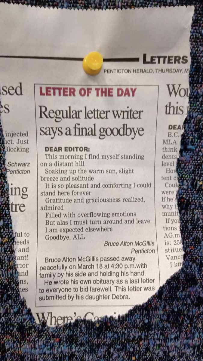 JoeFries's tweet photo. Easily the most powerful item in today's paper. Bruce's letters were beautifully written and always thought provoking. What an honour it is to have his last one. RIP https://t.co/cEWB84bpZ3