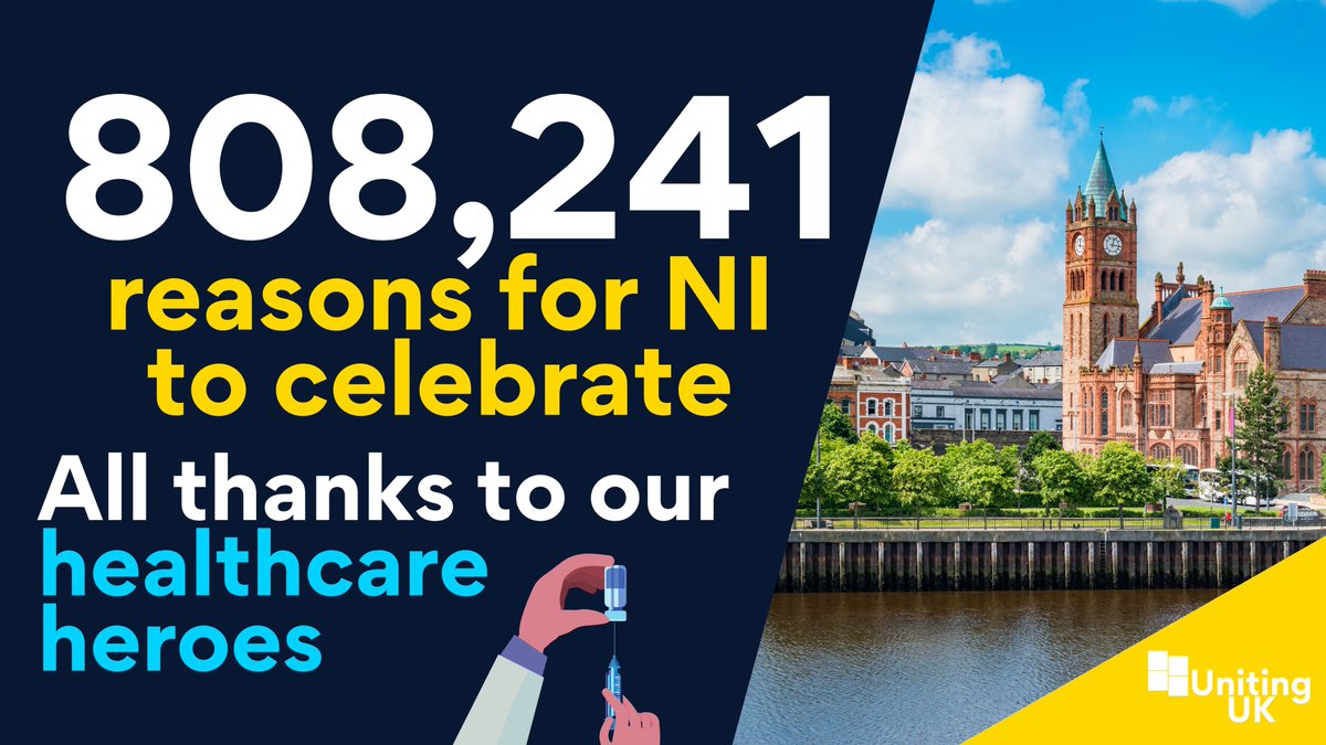 UnitingUK's tweet photo. Over 8⃣0⃣0⃣ 0⃣0⃣0⃣ vaccines administered in Northern Ireland! 🎉 

4⃣8⃣% of NI adults have had at least one dose! 
7⃣% of NI adults have had two doses! 

We can achieve so much when we work together. Let's keep going! 🤝 

#NIinjections 💉 https://t.co/uW4ExtevCy