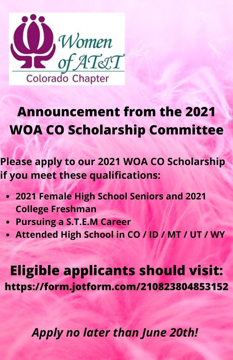 .....we are now accepting applications for our 2021 Women of AT&amp;T CO Scholarship. Please share and encourage to apply.   form.jotform.com/210823804853152   <a href="/WOA_CO/">Women of AT&T - CO</a> <a href="/WomenOfATT_EG/">WomenOfATT</a>