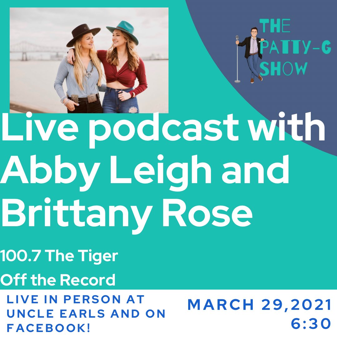 ThePattyGShow's tweet image. We are super excited to welcome @AbbyLeighRadio &amp;amp; @broseensminger from @1007TheTiger on Monday! 

Come out to @UncleEarls to watch in person! 

Sponsors: @AlvarezCnstr_BR &amp;amp; @tritonstonela 
Produced by: Flashbang Productions