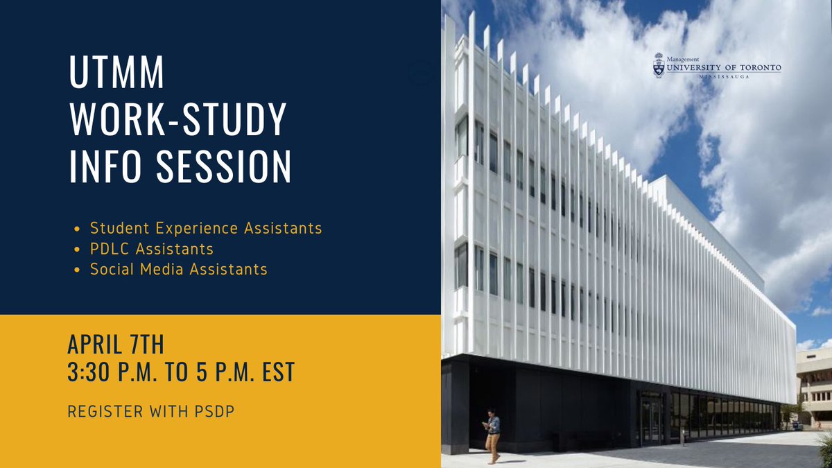 UTMManagement's tweet photo. Are you interested in joining the #UTMManagement work-study team?
Find out how and when to apply at our information session on Wednesday, April 7th from 3:30 p.m. to 5 p.m:
š¹Student Experience Assistants
š¹PDLC Assistants
š¹Social Media Assistants
*Register with PSDP https://t.co/DRV239shIG