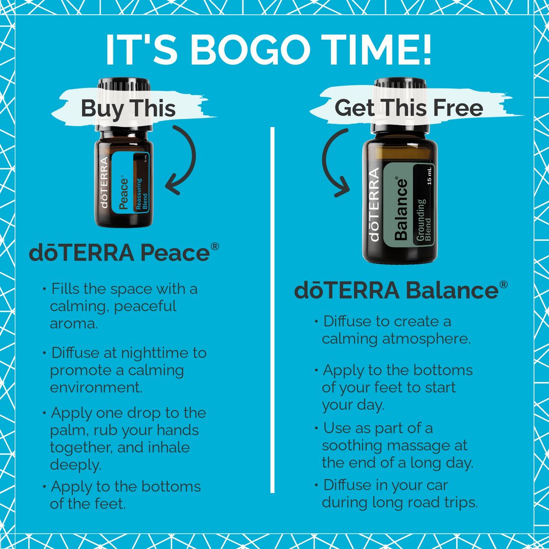 CountryDoc1993's tweet photo. March 25th only, when you buy doTERRA Peace® 5 mL, you’ll get doTERRA Balance® 15 mL for free while supplies last! Don’t miss out on this amazing BOGO deal! https://t.co/yrLdXvJs3k