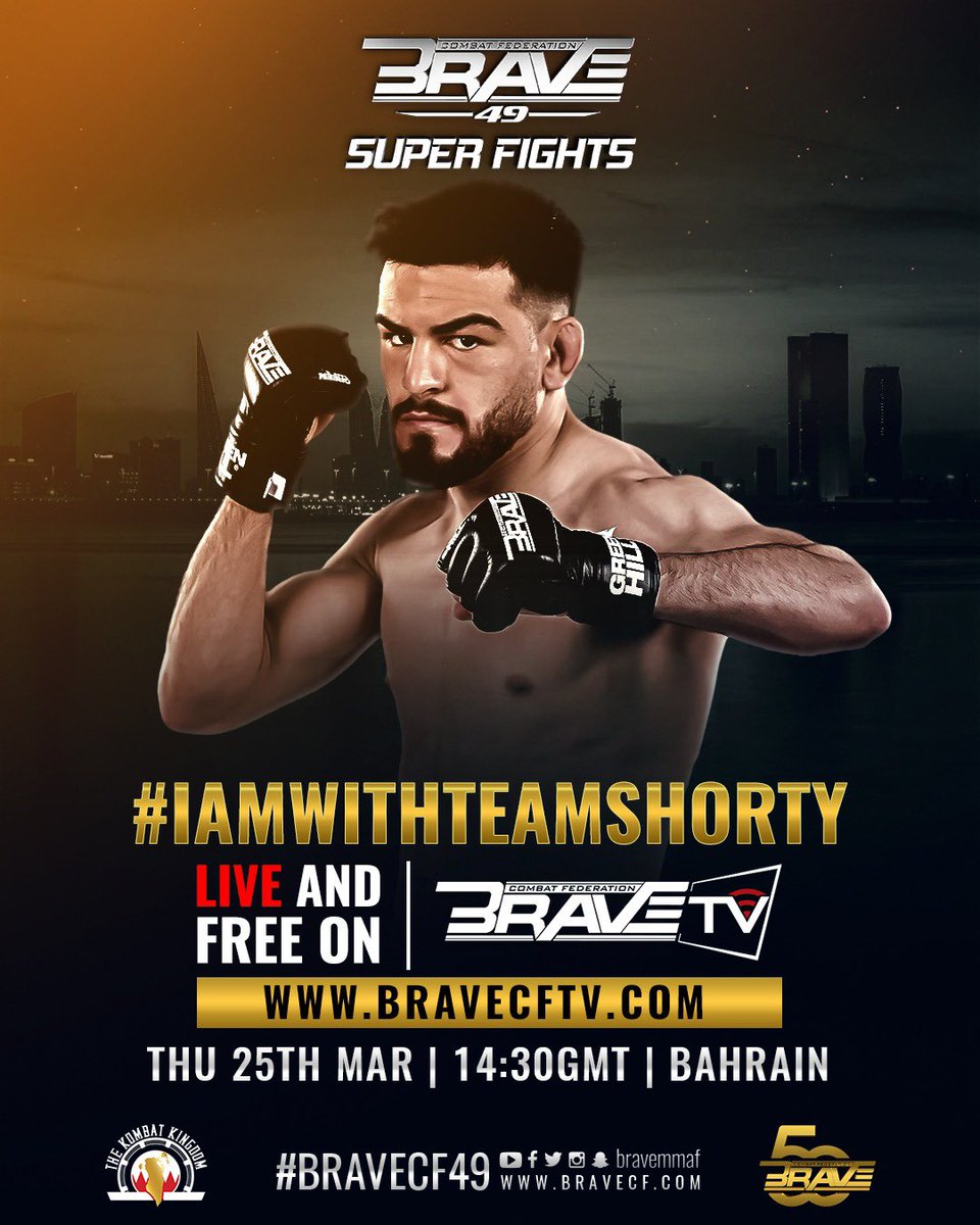 ShortyTorresMMA's tweet photo. Fights have officially started here in Bahrain for @bravemmaf Remember to watch live and free up to https://t.co/XLiYxDttBQ Thank you everyone for all of the support and let’s have some fun! #ItsPlayTime #ImWithTeamShorty #BraveCF #LiveAndFree #LFG #TeamShorty https://t.co/KtYNMheF9X