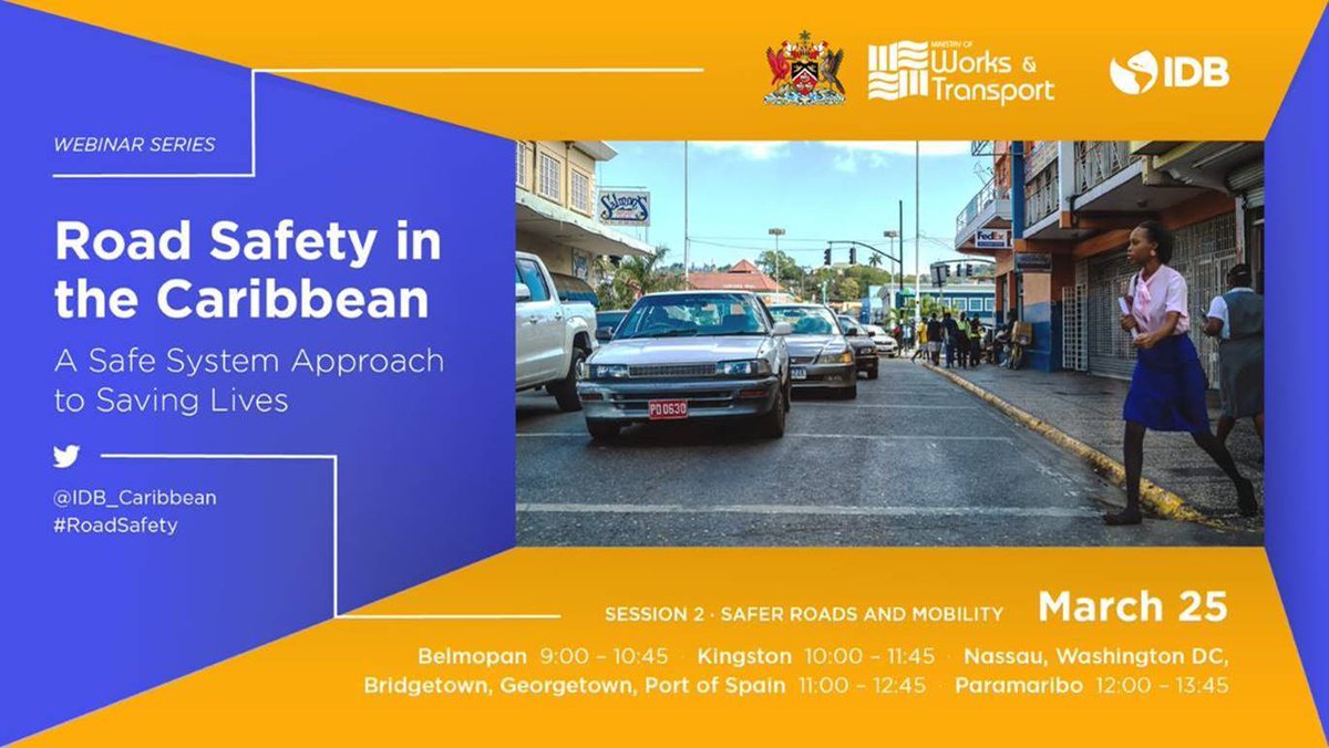 Join us for a regional webinar on #RoadSafety in the #Caribbean @10am Jamaica time @BIDtransporte to hear from <a href="/jagustinaguerre/">Agustín Aguerre</a>, @NestorRoaBID, <a href="/thereselmm/">Therese Turner-Jones</a> about the importance of infrastructure in promoting safety on our roads! 
lnkd.in/gGH2tNP