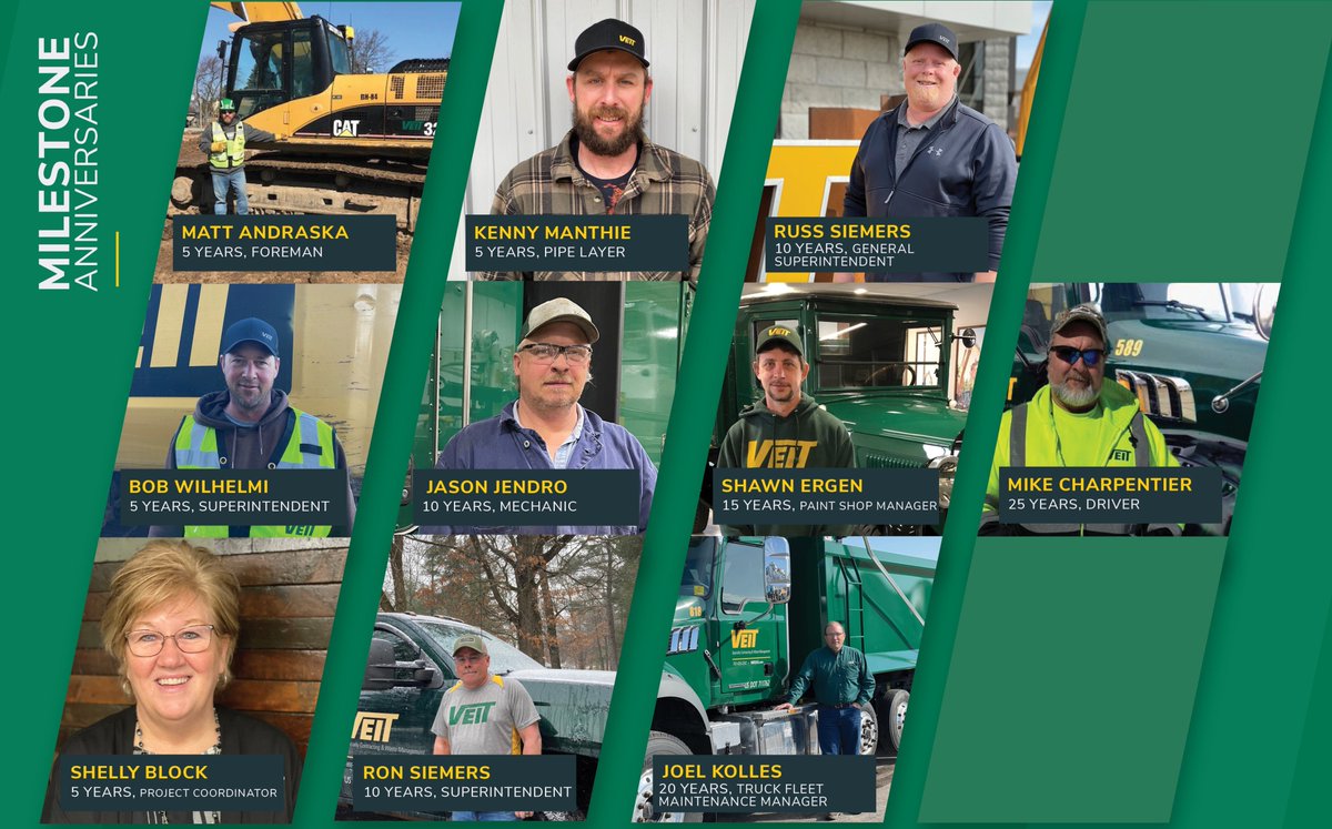 usa_veit's tweet photo. Congratulations to Veit's employees, Matt Andraska, Bob Wilhelmi, Shelly Block, Kenny Manthie, Jason Jendro, Ron Siemers, Russ Siemers, Shawn Ergen, Joel Kolles and Mike Charpentier on their March milestone anniversaries.

#TeamVeit #WorkAnniversary #MilestoneAnniversary https://t.co/4zmUdFzYPg