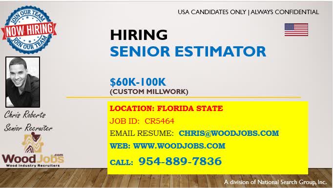 WoodJOBS's tweet photo. HIRING π
Senior Estimator: CR5464 - FL
Starting Salary: $55 - 100k
#cabinet #custommillwork #architecturalmillwork #LEED #career #readytowork #hiring #fljobs #estimator #coutertop #mouldings #trim #woodwork #veneer #retailenvironment #commecialconstruction https://t.co/03smpDxOBY