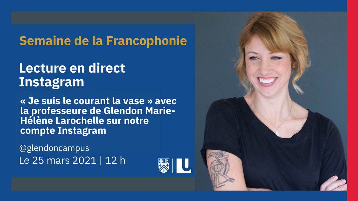 GlendonCampus's tweet photo. La lecture en direct de la #GlendonProf Marie-Hélène Larochelle a lieu aujourd’hui à midi! Rejoignez-nous sur notre compte Instagram pour l’écouter lire un extrait de son nouveau roman « Je suis le courant la vase » : https://t.co/PRfUzpLuAE

#SemaineDeLaFrancophonie #InstaLivre https://t.co/H7f3tlHu7p