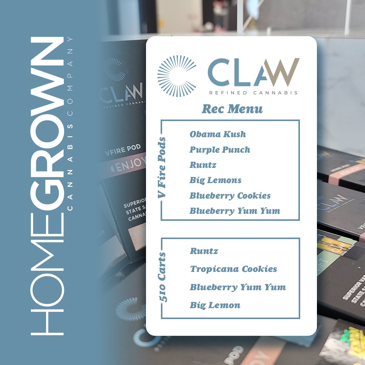 hgcanna's tweet photo. Cannabis-derived terpenes? Check.
State Tested? Check. 
Available right here at our store? Check.

Our friends over at @ClawCannabis just swung by with some more 
V Fire &amp; 510 cartridges, see you soon! https://t.co/2hAHnllAPQ