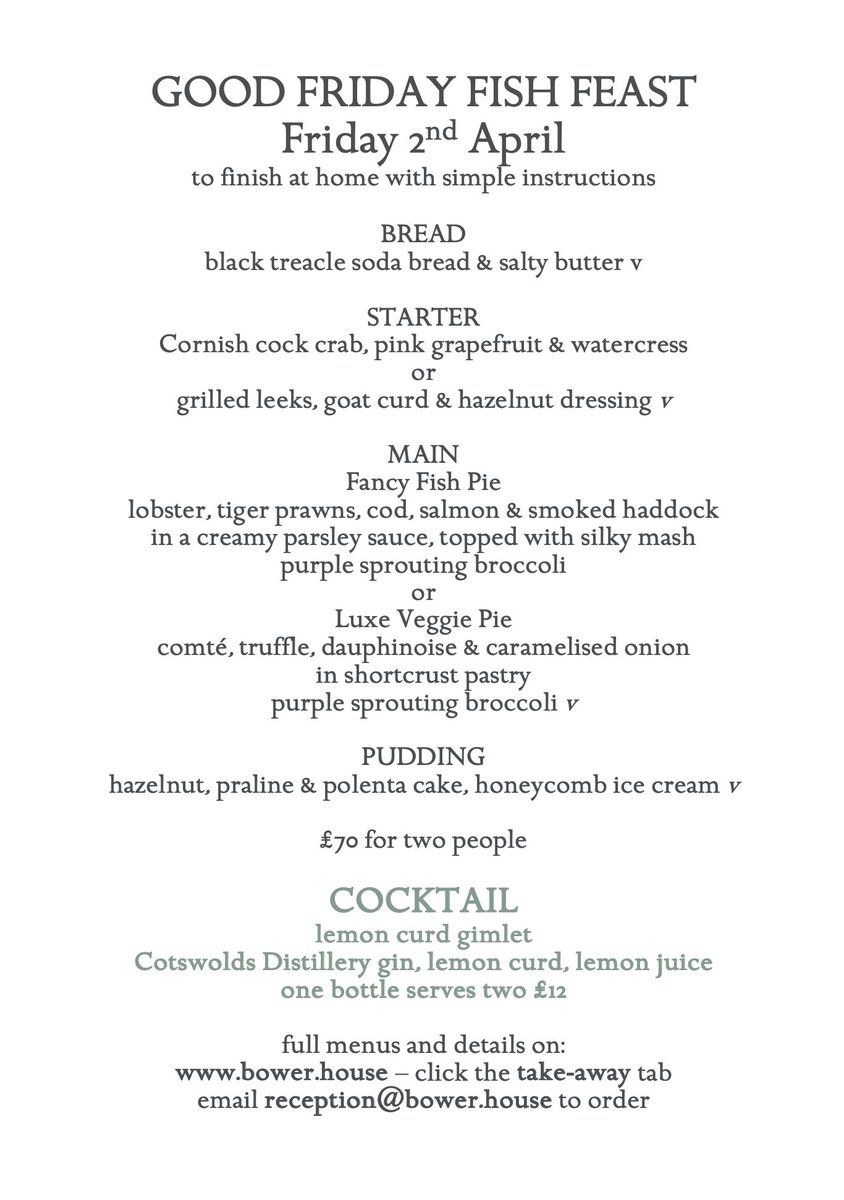 The_Bower_House's tweet photo. We are now taking orders for 

🌟 GOOD FRIDAY 🌟

A luxurious three-course fish feast, and cocktails 🍸

Limited numbers so please book soon to avoid disappointment... 

Orders on reception@bower.house
Details on https://t.co/iUEh37bXoo
🌿  

#GoodFriday #FishFriday https://t.co/y5ks3OISSB