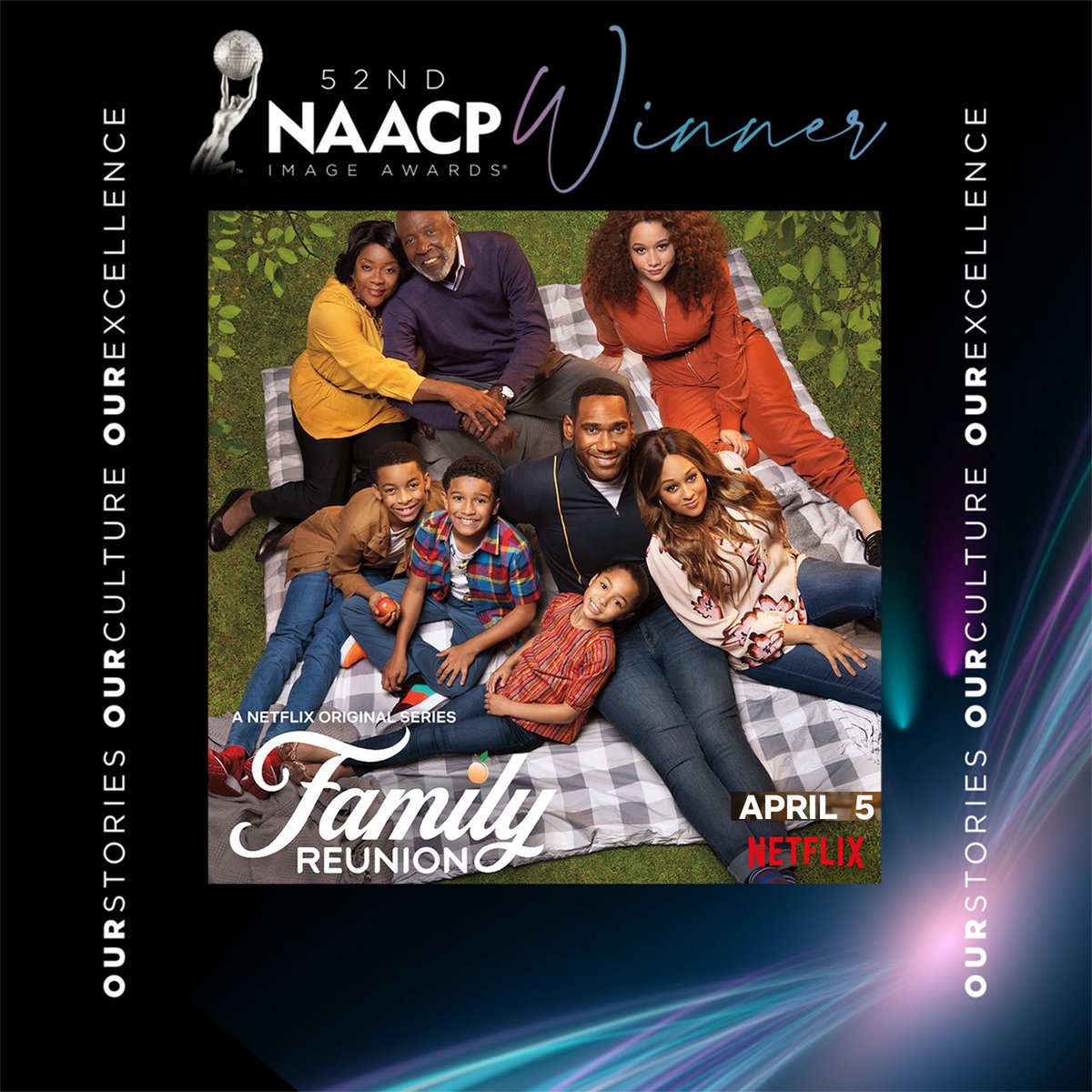 EricDeanSeaton's tweet photo. Congrats to #FamilyReunion cast, crew, directors, producers and writers on the 2nd straight #NAACP Award for #outstandingchildrensprogram. So proud to be in this amazing family! Season 3 drops April 5th @netflixfamily https://t.co/HbQbSTB62b
