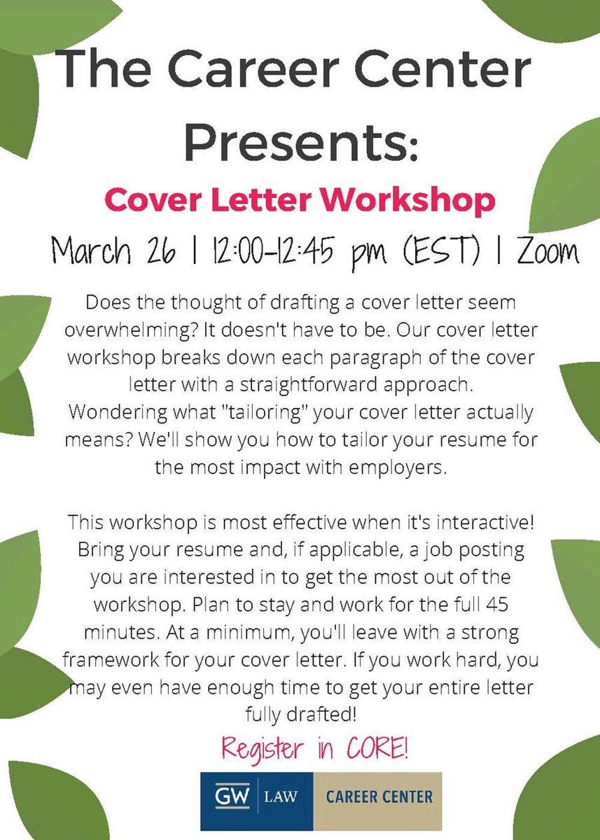 Wondering what "tailoring" your cover letter actually means? We'll show you how to tailor your cover letter for the most impact with employers during our Cover Letter Workshop TOMORROW at noon. Register now in CORE.