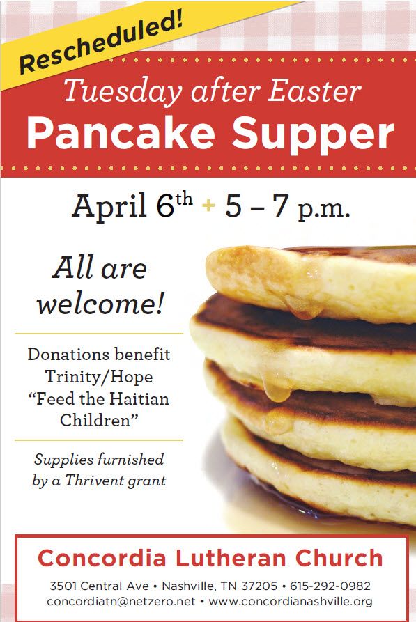 Trinity_HOPE3's tweet photo. Whose ready for some pancakes?! If you are in the Nashville area, join Concordia Lutheran Church for some pancakes on April 6th from 5-7 p.m. as they raise funds for Trinity HOPE! https://t.co/rtudH6LL08