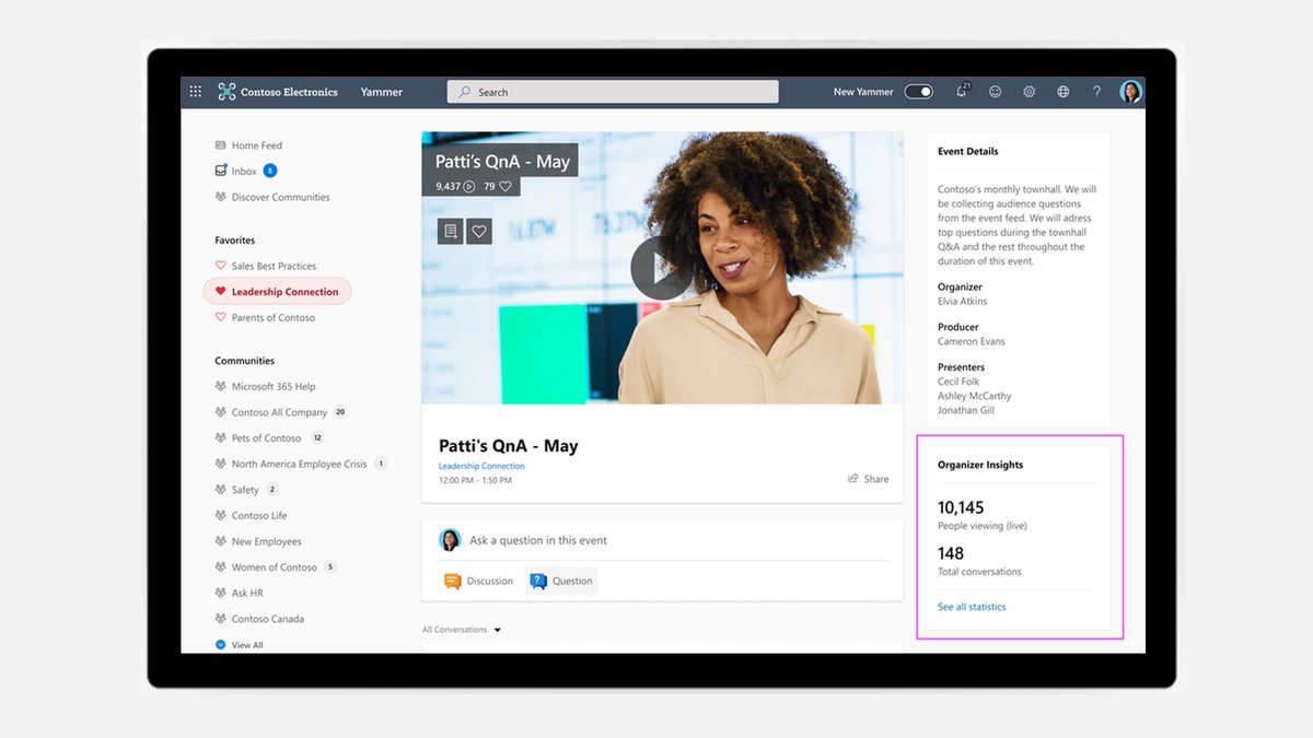 MicrosoftViva's tweet photo. [Announcing] #Yammer Live Events Insights, giving organizations the ability to measure reach and engagement, and build more powerful events. Learn more: https://t.co/pVUUEgTa04 https://t.co/FsaHx83GnY
