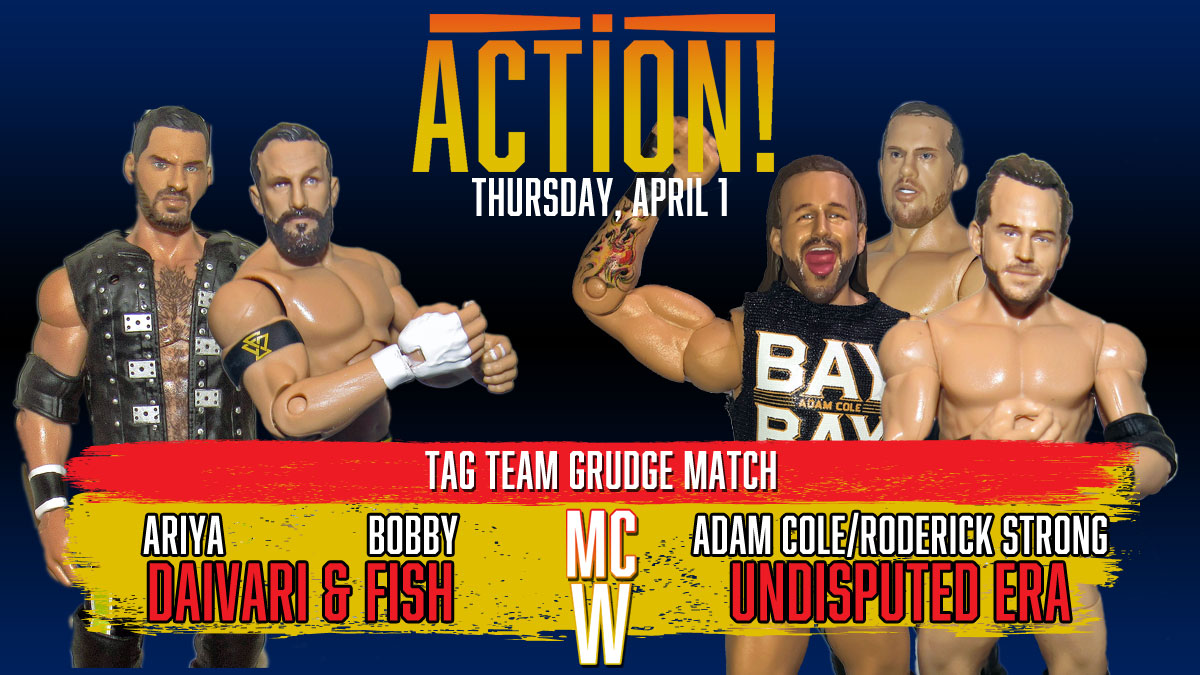 MasterClassPW's tweet photo. As announced on last night's #MCWAction, #BobbyFish and #AriyaDaivari will team up to take on the Undisputed Era's #RoderickStrong and #AdamCole in a rematch from the #MCWRWI next Thursday night.

#WWEEliteSquad #AEWUnrivaled #FigureFeds #FigurePhotography https://t.co/Qj3pDsV6Iz