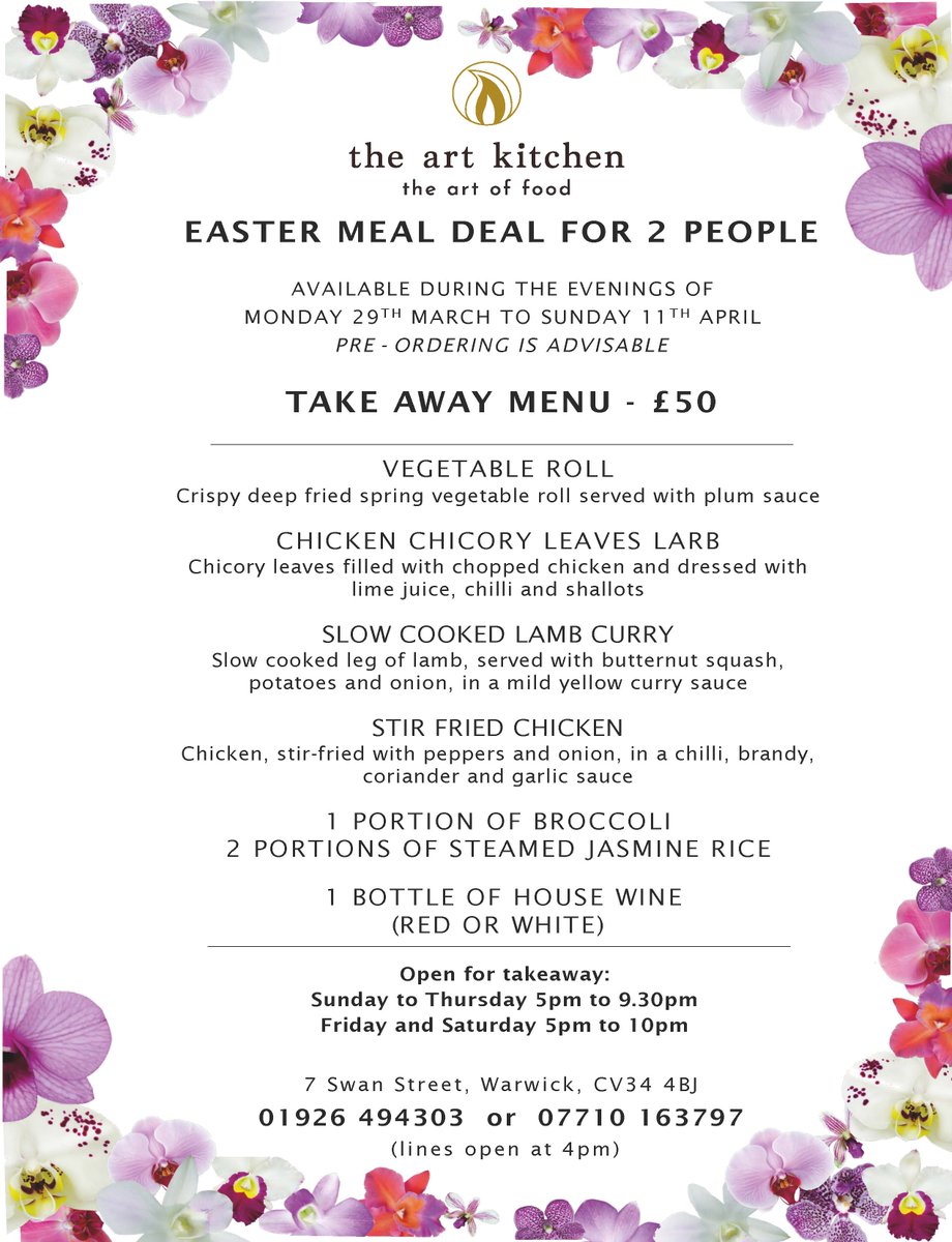 Chef Noi has created an Easter themed takeaway Thai menu for your delight! Available every eve between Mon 29th Mar and Sun 11th Apr. Call us on 01926 494303 or 07710 163797 to place your order. We look forward to seeing you. Suksant wan Easter! (Happy Easter!) #Thai #Takeaway