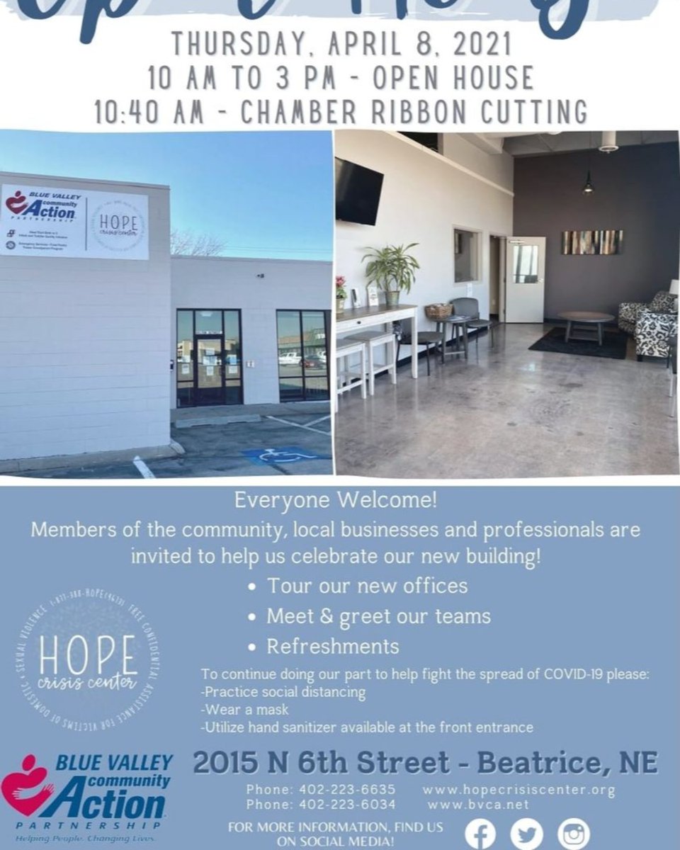 We're excited to be able to share our new home in Gage County with the public on April 8!
Please join BVCA and Hope Crisis Center from 10 a.m. to 3 p.m., with a ribbon cutting scheduled for 10:40.