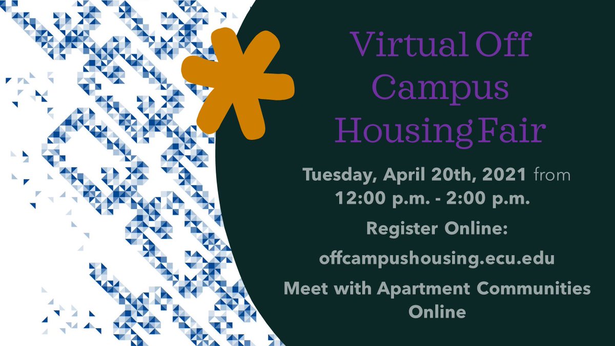 Mark your calendars!!  On April 20th, East Carolina University Off-Campus Student Services
 will be hosting a virtual housing fair.  Registration is requested but not required.  ecu.az1.qualtrics.com/jfe/form/SV_3r…