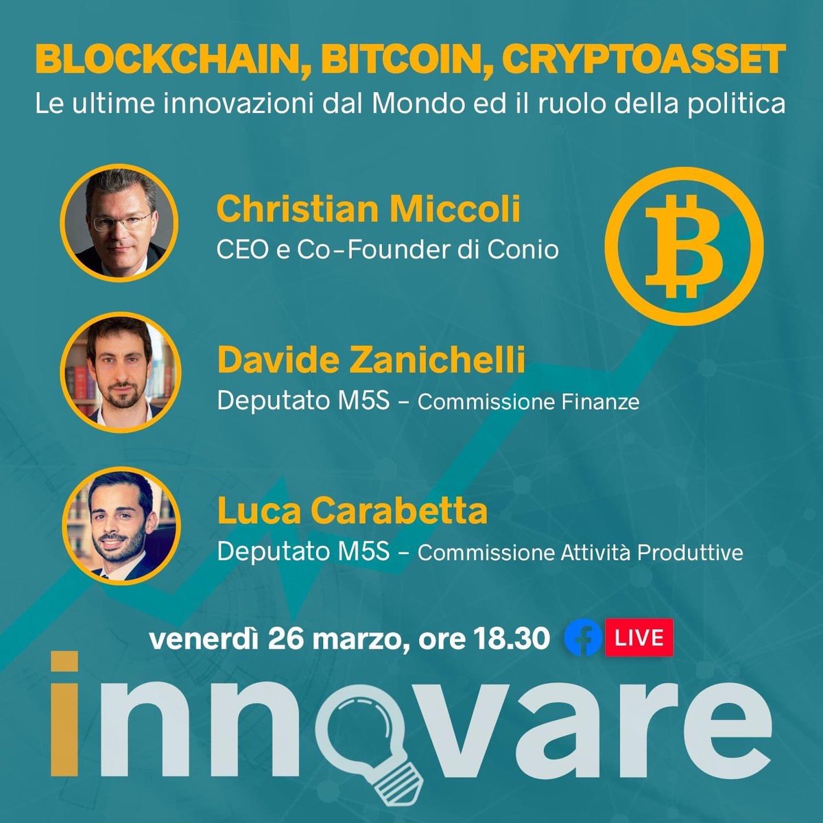 Maria_Pallini's tweet photo. Domani ore 18.30 ci sarà un nuovo incontro di #Innovare. Ogni venerdì in compagnia dell’innovazione. 
Avete mai sentito parlare di Blockchain, Bitcoin o Criptovalute? 
Domani se ne parlerà con @zani83 @lucacarabetta e con Christian Miccoli, CEO e Co-Founder della startup Conio. https://t.co/EbHM4JXiox