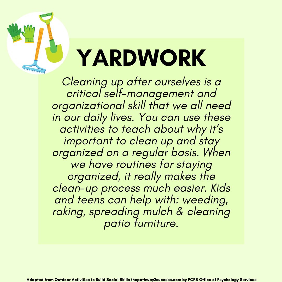 #tipfortoday With the weather getting nicer, getting out into the yard and working together as a family can be a great activity to help children learn organizational and self-management skills that can be applied throughout all of life #SocialEmotionalLearning <a href="/fcpsnews/">Fairfax Schools 🌟</a>