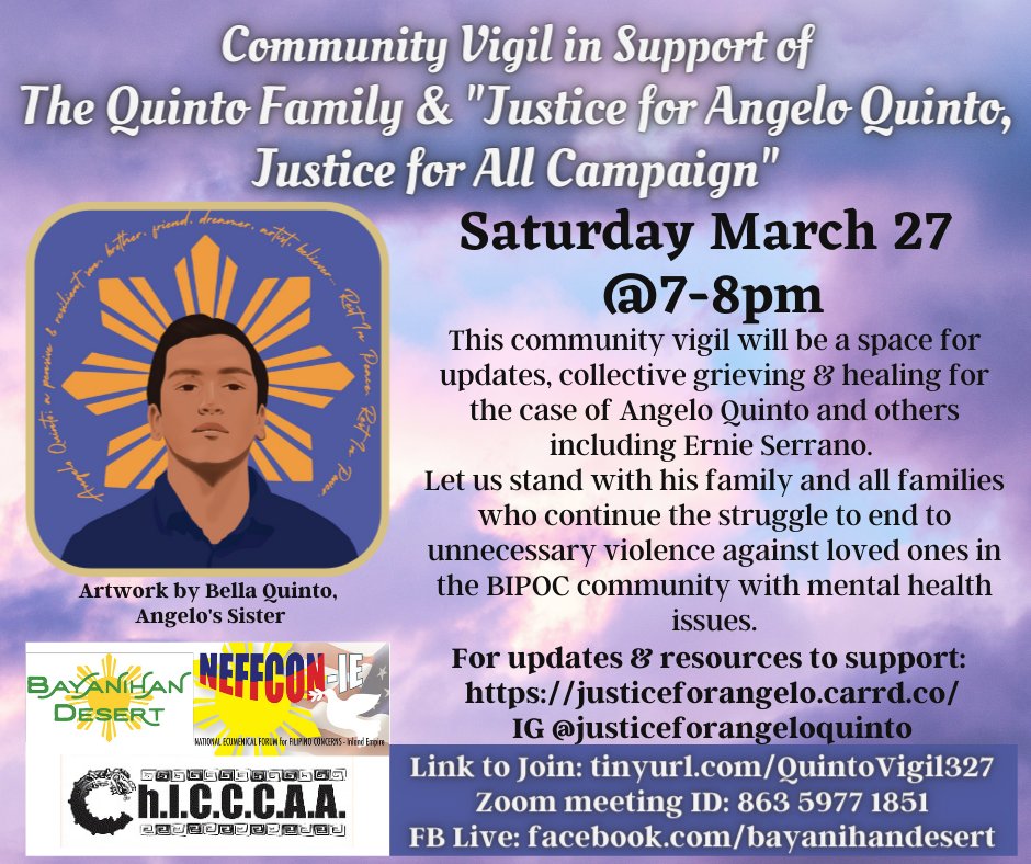 ChICCCAApower's tweet photo. Calling all community members to help us heal &amp; uplift the voices of the Quinto Family in the Inland region!  This Saturday 3/27 at 7pm on Zoom or FB live! ❤
https://t.co/3Y31G4znul
Zoom meeting ID:  863 5977 1851
FB Live:  Bayanihan Desert https://t.co/12tjaaUK7N