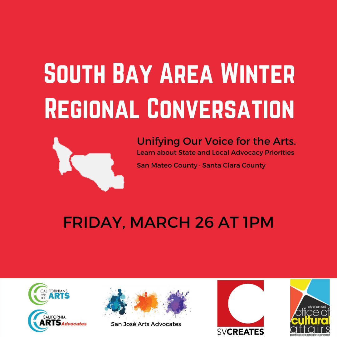 SVCreates (@sv_creates) on Twitter photo TOMORROW! Join SVCREATES and <a href="/CAfortheArts/">CA for the Arts</a> for a South Bay Area Winter Regional Conversation: Unifying Our Voices for the Arts on Friday, March 26 at 1:00pm.
Learn more and register to participate here: bit.ly/3qOwwGN TOMORROW! Join SVCREATES and <a href="/CAfortheArts/">CA for the Arts</a> for a South Bay Area Winter Regional Conversation: Unifying Our Voices for the Arts on Friday, March 26 at 1:00pm.
Learn more and register to participate here: bit.ly/3qOwwGN