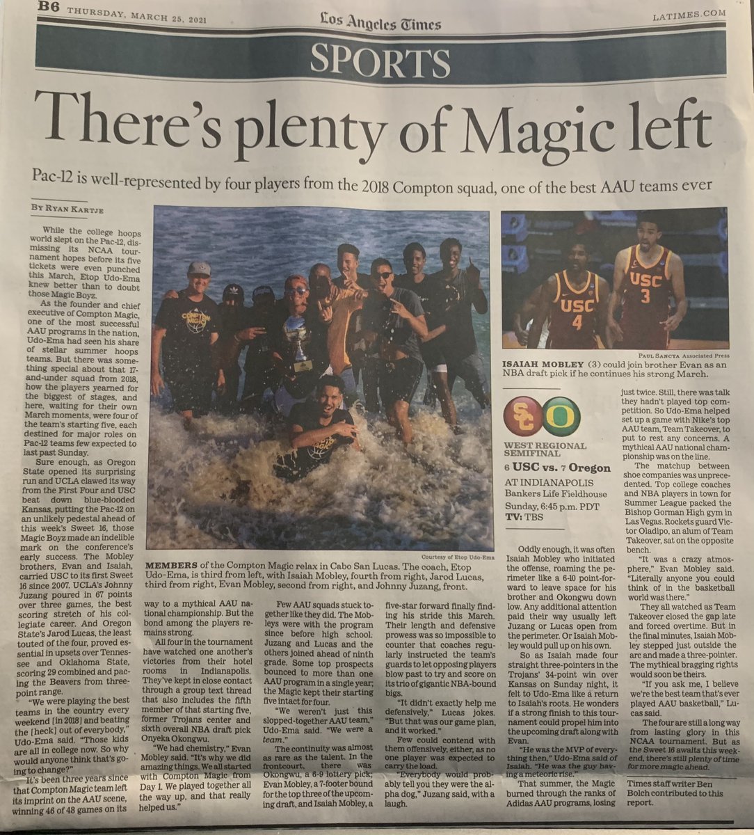 SportsStoriesDL's tweet photo. #SSDLBump! 

@Compton_Magic &amp; @EtopUdoEma, featured on "PTO" show in October, today on front page of @LATimesSports, article by @Ryan_Kartje  and @latbbolch. The legendary '18 @AAU_Basketball club included @MobleyIsaiah, @evan_mobley7 and @JohnnyJuzang.

https://t.co/vvcQOdMU0k https://t.co/DUbYKYZl3U