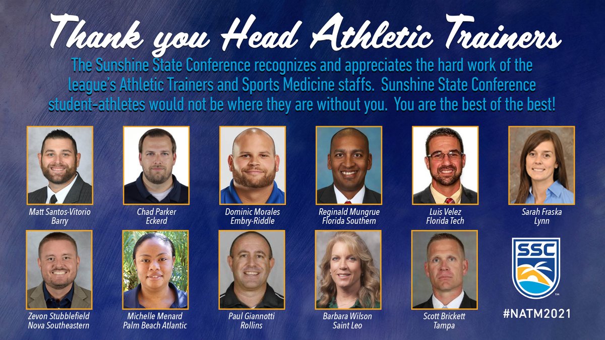 D2SSC's tweet photo. In honor of National Athletic Training Month, the SSC would like to take a moment and recognize the league's 11 Head Athletic Trainers. Thank you for the quality care you provide student-athletes every day!

🌴☀️🌊⚕️ | #NATM2021 https://t.co/oiVAVG6rwM