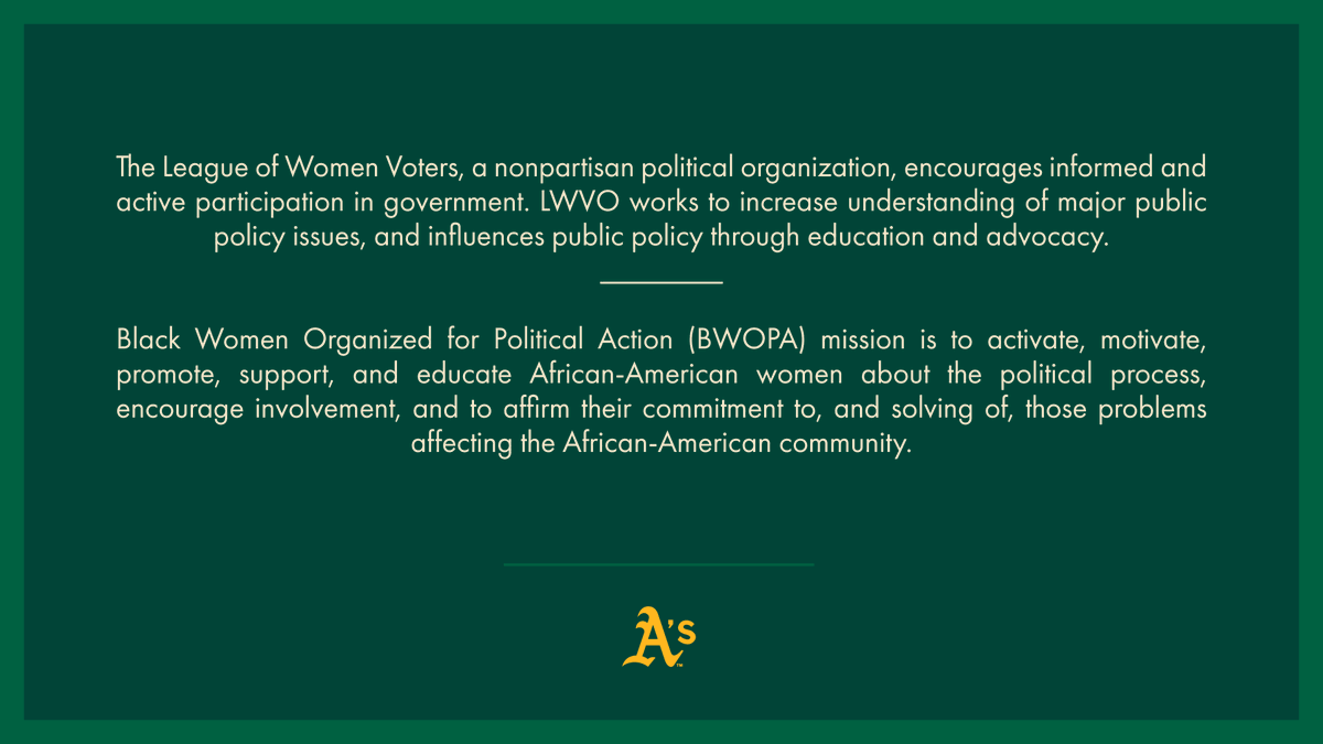 Athletics's tweet photo. We are proud to make donations to the Oakland League of Women Voters and Black Women Organized for Political Action/Training Institute for Leadership Enrichment in honor of Women’s History Month. https://t.co/MO52YlduTK