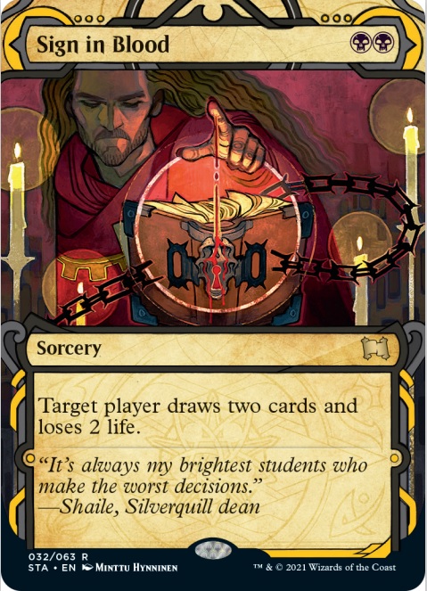 ReidDuke's tweet photo. Thanks to WOTC for letting me preview a beloved card that's back in #MTGStrixhaven's Mystic Archive--Sign in Blood with awesome new art! #FreePreview https://t.co/nZHKg90lrO