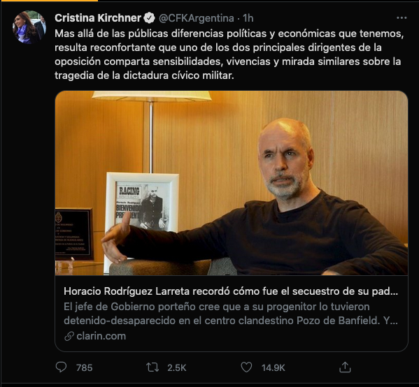 CarlaYumatle's tweet photo. La intervención pública de Larreta en el día de la Memoria me pareció valiosísima. Y también que CFK lo vea como una contribución. Cuando la política deja de ser por cinco minutos una batalla de suma cero. https://t.co/xGMCdXFj4E