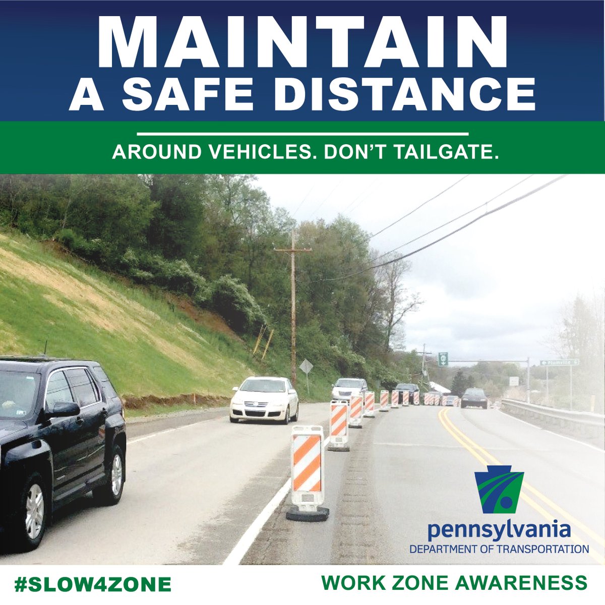 HHSMontcoPA's tweet photo. Throughout March and April, @PennDOTNews is raising awareness of #WorkZoneSafety. Rear-end collision is the most common crash type in work zones. Maintain a safe following distance and stay alert. Learn more at https://t.co/d2RTpr1iKO #Slow4Zone #WorkZoneWednesday #BeSafePA https://t.co/VqVhfytz8M
