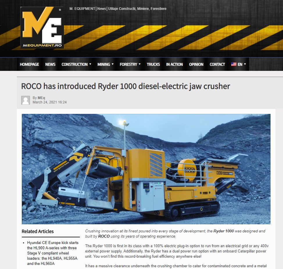 rococrushing's tweet photo. A huge thank you to @MEqOfficial for their fantastic piece on our RYDER 1000 Diesel-Electric crusher in their trending news section this week 📣 Check out the article here https://t.co/IRvNnNZ9P8 for more info on our newest jaw crusher! #rococrushing #ryder1000 #jawcrusher https://t.co/Kt5w19wWn1