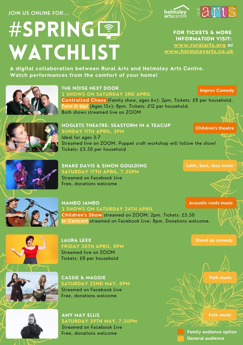 RuralArts's tweet photo. 🌱 Today we're delighted to launch #SpringWatchlist, another season of LIVE online #performances in collaboration with @helmsleyarts! 💚

There's music, theatre &amp; comedy to keep you entertained from Sat 3rd April!

More info: https://t.co/gHo3KxIH28

#livestream #northyorkshire https://t.co/Wh0d4uwrzu