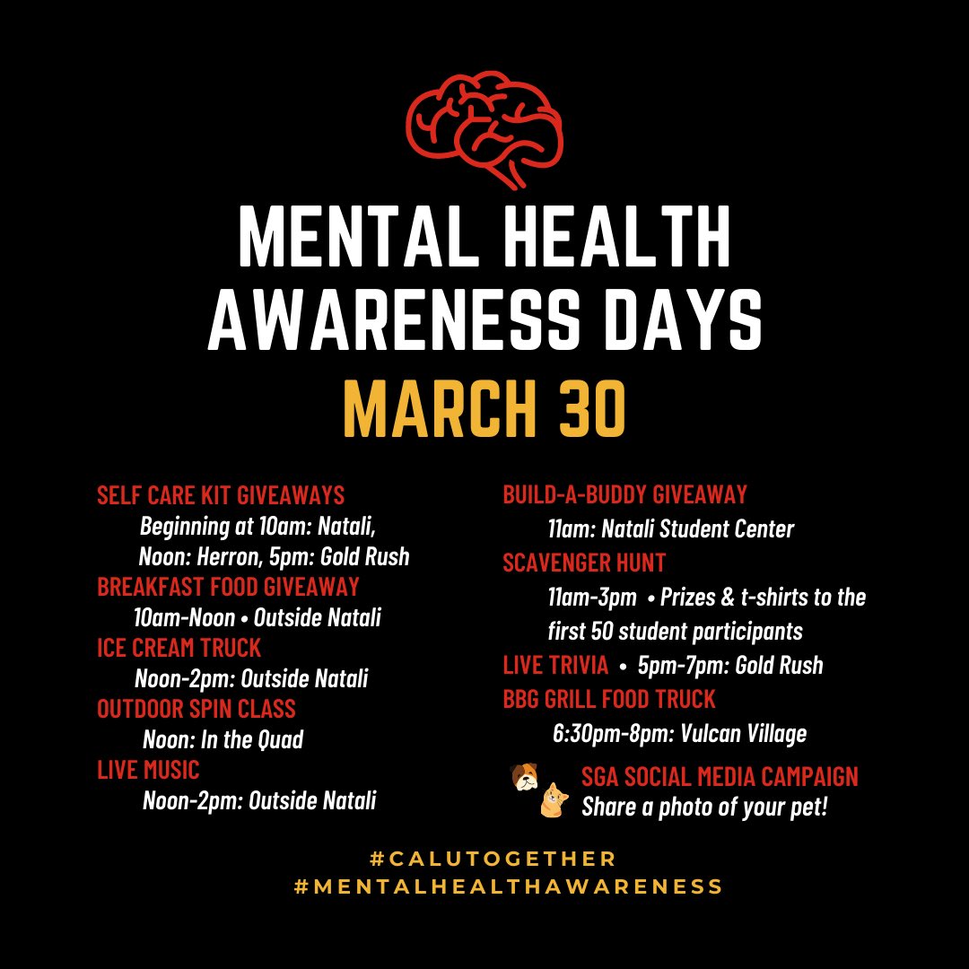 CalUStuAffairs's tweet photo. Our first Mental Health Awareness Day will be Tuesday, March 30th, as mentioned by Interim President Thorn in today’s Campus Talk. Make some time for fun and plan to participate in one or more of the day’s events. #CalUTogether https://t.co/PhE4A6UNTl