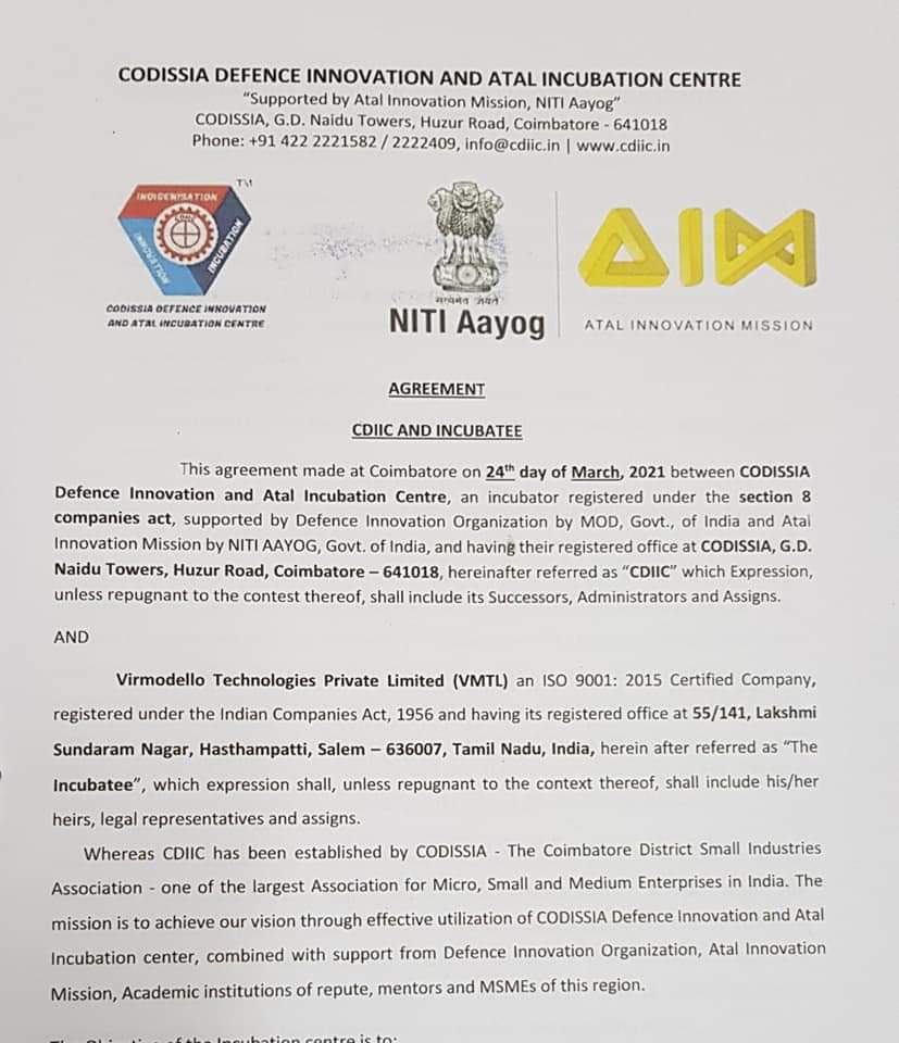virmodello's tweet photo. Virmodello Technologies Private Limited @virmodello an ISO 9001:2015 Certified Co has inked an Agreement with Info @CDIIC of #Codissia Coimbatore as an Incubatee for #Defence #innovation #3Dprinting #productdevelopment #Indiginisation #reverseengineering #ARVR #CAE https://t.co/q4XLSRmGow