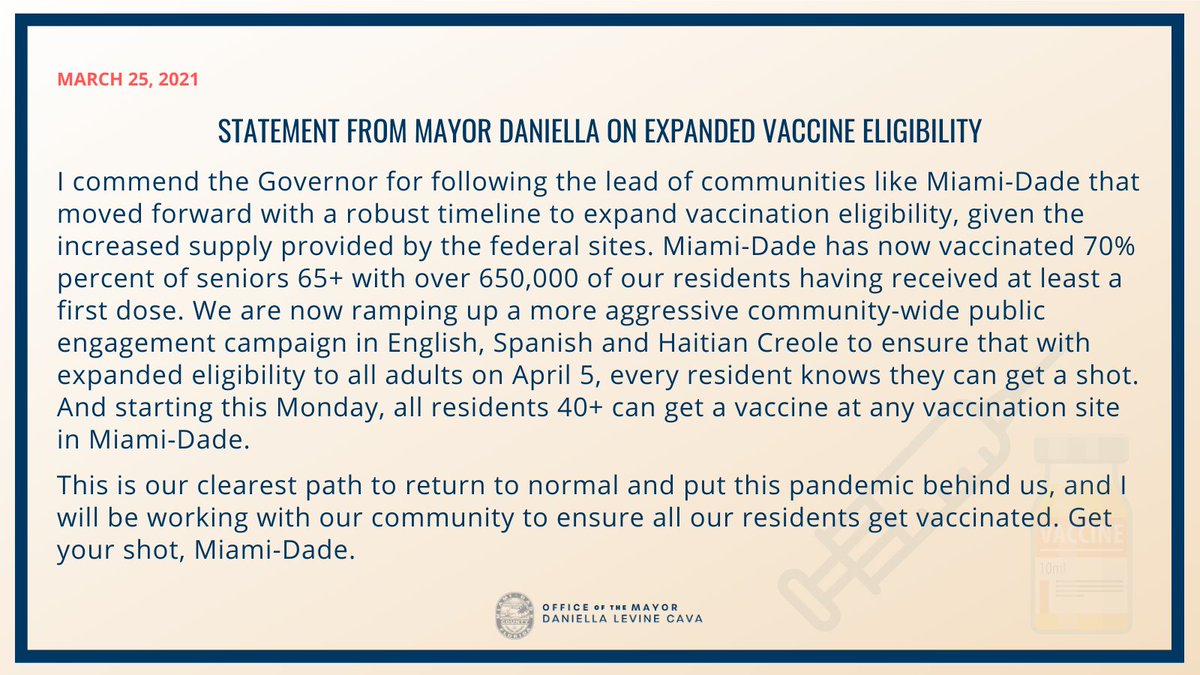 MayorDaniella's tweet photo. I commend the Governor for following the lead of communities like Miami-Dade that moved forward to aggressively expand vaccination eligibility. On Monday, all people 40+ can get a vaccine at any vaccination site and all adults will be eligible on April 5.

My full statement: https://t.co/dzg7rtFbFD