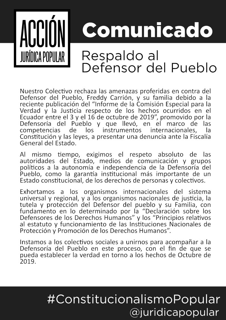 JuridicaPopular's tweet photo. #Comunicado
@juridicapopular rechaza las amenazas proferidas contra @freddcarrion y su familia. Convoca a la unidad y vigilancia del pueblo y sus organizaciones frente a la reacción del Gobierno y sus aparatos de represión por el resultado del Informe sobre los hecho de Octubre. https://t.co/do63qaGf3J