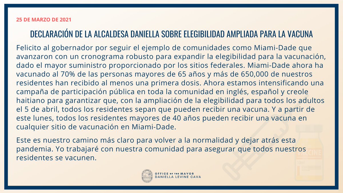 MayorDaniella's tweet photo. Felicito al gobernador por seguir el ejemplo de comunidades como Miami-Dade que avanzaron para expandir la elegibilidad de vacunación. El lunes, todos mayores de 40 años pueden recibir una vacuna en cualquier sitio de vacunación y todos los adultos serán elegibles el 5 de abril. https://t.co/ICryPOdelh
