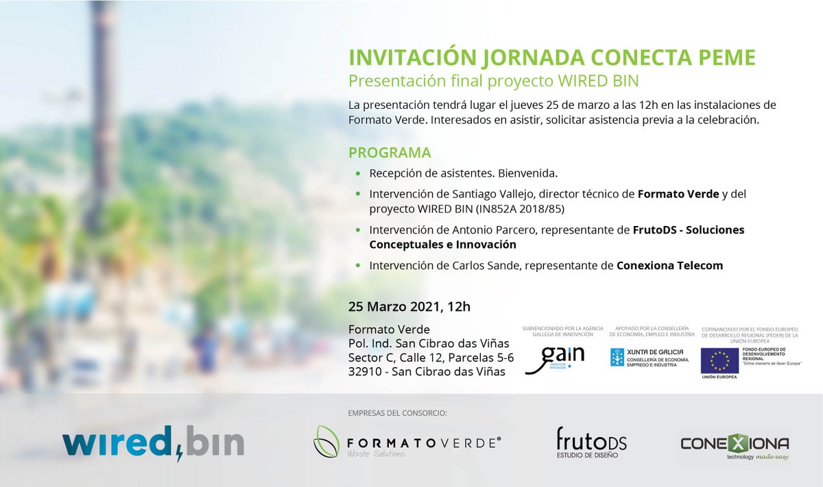 conexiona's tweet photo. Hoy jueves 25 de marzo a las 12 tendrá lugar la presentación final del proyecto Wired.Bin: desarrollo de un sistema de contenerización de RSU de carga superior con alimentación energética inteligente y análisis predictivo de datos en la nube en las instalaciones de Formato Verde. https://t.co/TEgly64QD4