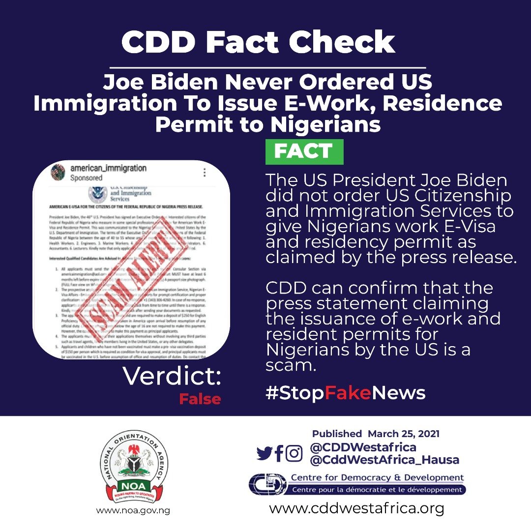#Factcheck: US President <a href="/JoeBiden/">Joe Biden</a> Never Ordered US Immigration To Issue E-Work, Residence Permit to Nigerians cddwestafrica.org/joe-biden-neve…