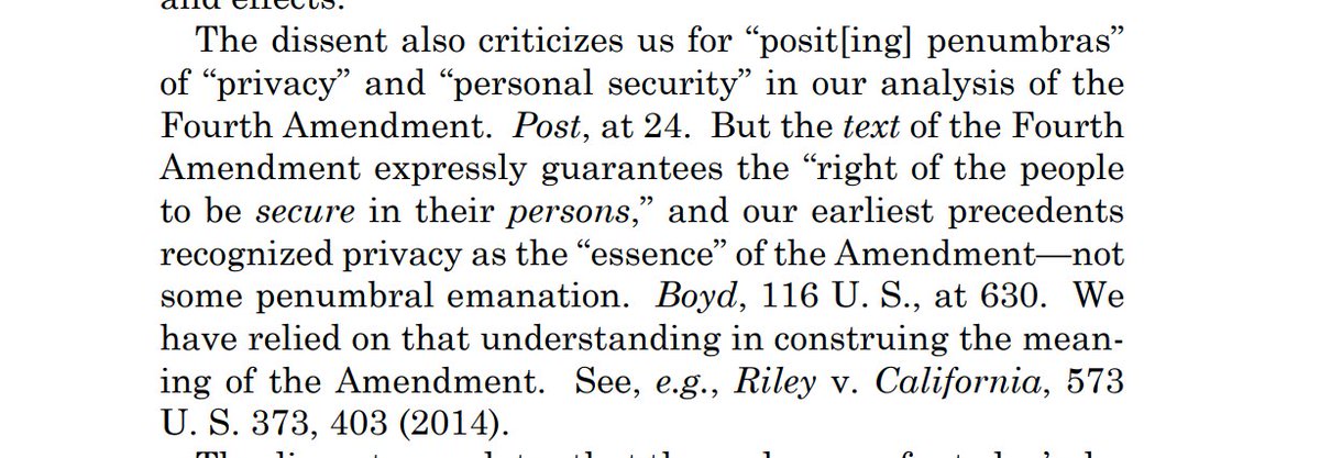 mtokson's tweet photo. Really interesting snippet from Torres, where the 5-3 majority emphatically places privacy at the center of the Fourth Amendment as a historical/textual matter: https://t.co/CxD7hofXIq