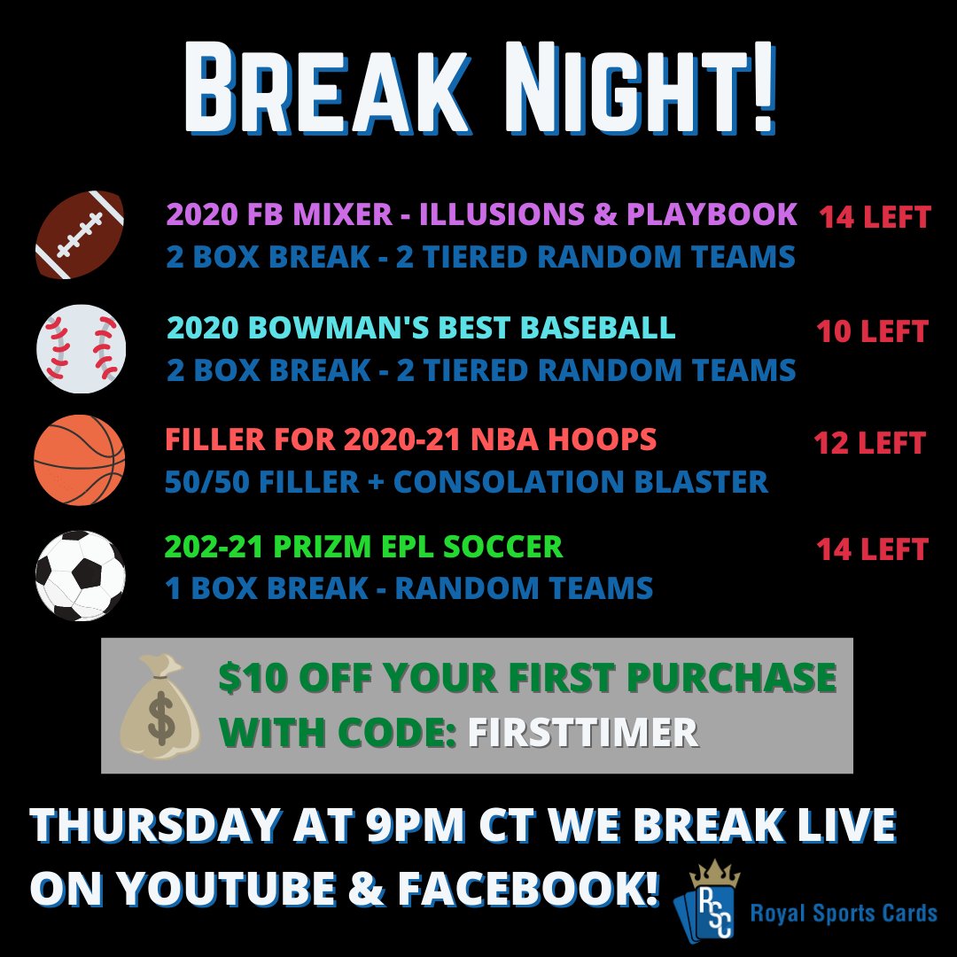 RoyalCards24's tweet photo. 🎉 BREAK NIGHT! 🎉

https://t.co/fSE1hAwGBR for all the spots!

We're getting close on Bowman's Best, got some good soccer, basketball and football ready to go!

See you tonight at 9 CT! https://t.co/8Flgihe7BD