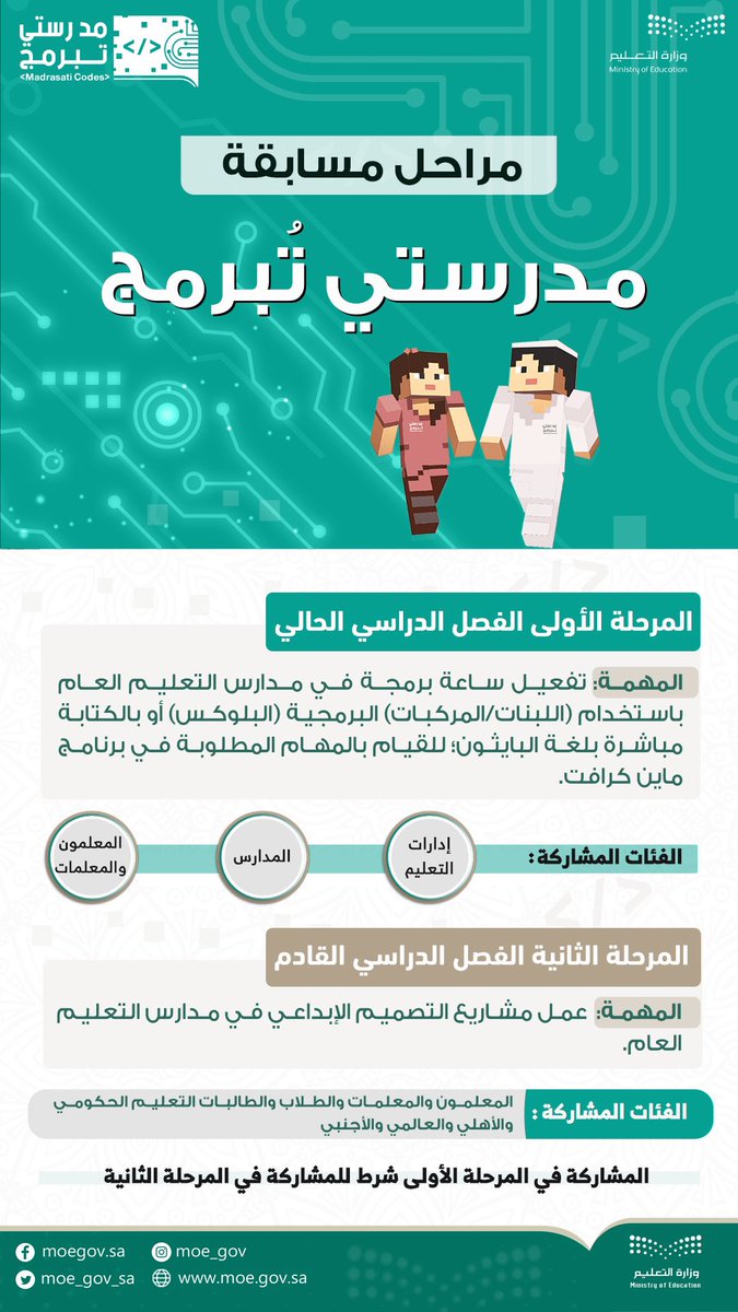 الأدلة الإرشادية لمسابقة #مدرستي_تبرمج 

دليل المسابقة

vstedu.azureedge.net/backtoschool/c…

دليل المعلم 
vstedu.azureedge.net/backtoschool/c…

دليل الطالب

vstedu.azureedge.net/backtoschool/c…

قائمة دروس إضافية

vstedu.azureedge.net/backtoschool/c…

دليل حلول البرمجة 
vstedu.azureedge.net/backtoschool/c…

#مدرستي_تُبرمج
#وزارة_التعليم