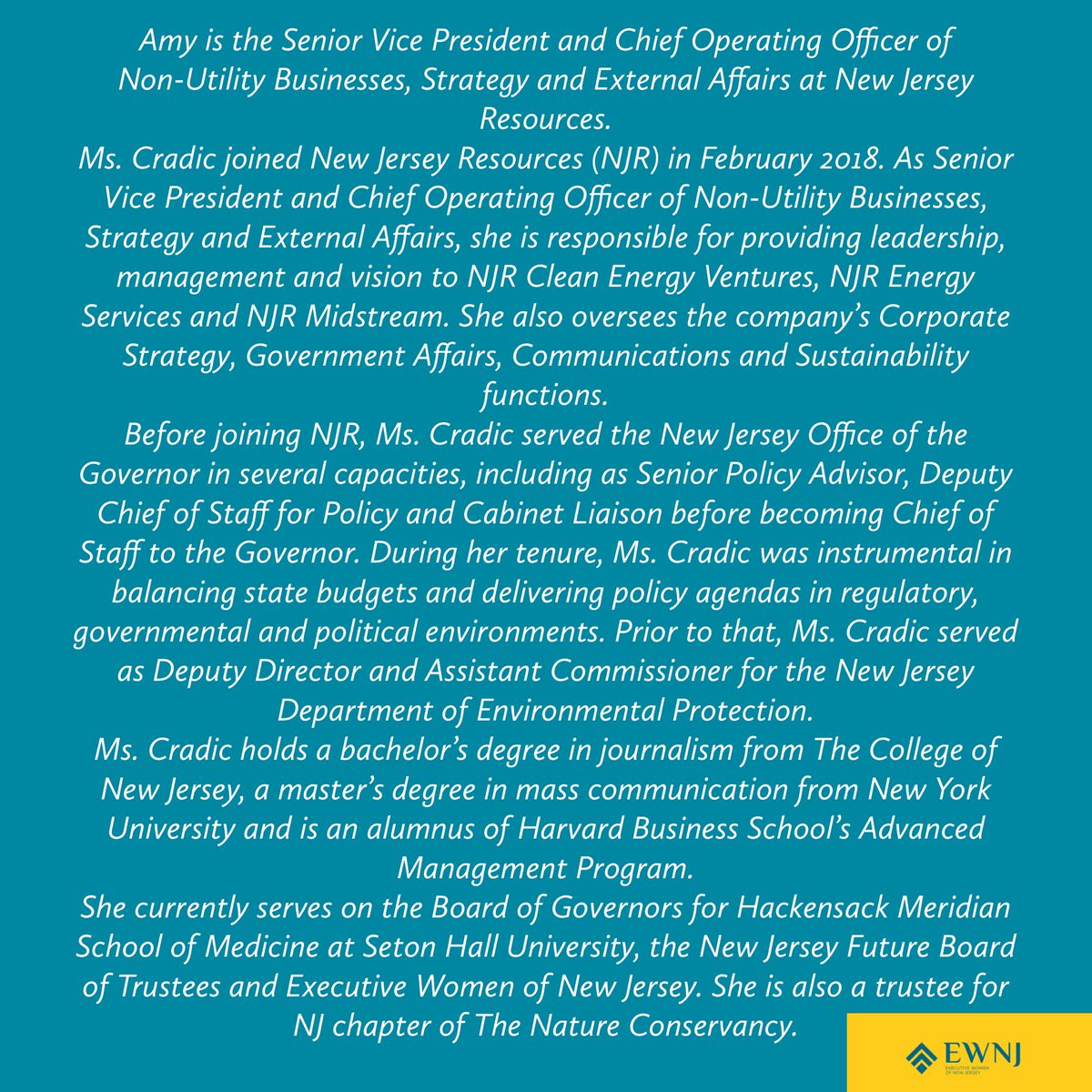 ExecWomenNJ's tweet photo. We are celebrating the 25th day of #womenshistorymonth with another magnificent woman! Today we are honoring the many achievements of Amy Cradic!
@HarvardBusiness
@HMHNewJersey
#ewnj
#womenshistorymonth2021
#womenleaders
#womenempoweringwomen https://t.co/mcsWTYSE6P
