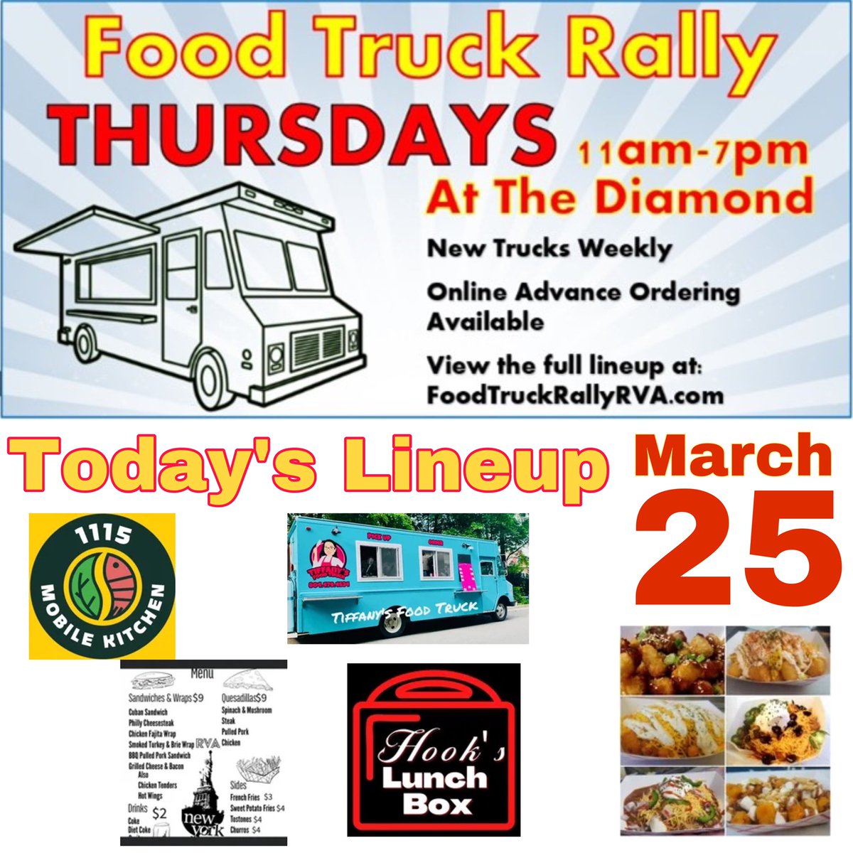 CityFestivals's tweet photo. Beautiful day for lunch or dinner at The Diamond!
View the full lineup at: https://t.co/kP6U9mVPOJ

@tiffanysfoodtruck 
@shakedowneats 
@1115mobilekitchen 
@gosquirrels 
@rva_foodtrucks 
. https://t.co/dhRlm6L6bL