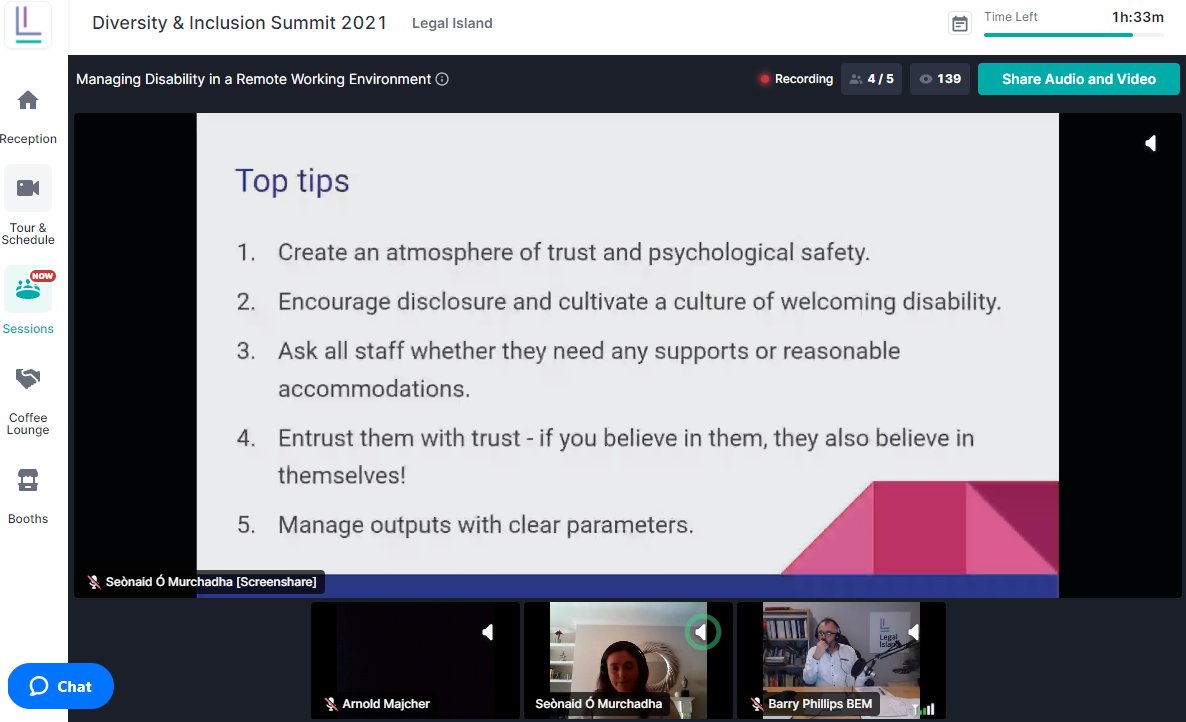 legalisland's tweet photo. Our final session of the day is with the effervescent Seònaid Ó Murchadha, @BionicWoman_IE! 🌈✨

Seònaid explains to @Barryjphillips the latest advice on how to best manage those with a temporary or long-term disability in a remote working environment.

#DiversityInclusionSummit https://t.co/uP5883PLnA