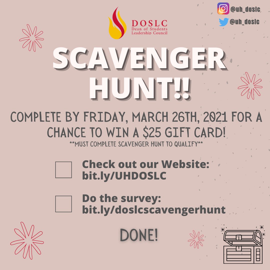 uh_doslc's tweet photo. The UH DOSLC Scavenger Hunt closes TOMORROW! Fill out the survey as soon as possible! 

If you RSVP at https://t.co/b7OGhF2KqA and complete the post-panel survey on Tuesday, March 30th, 2021, you can double your chances of winning! 

May the odds be ever in your favor! https://t.co/IYQDBj1Z5n